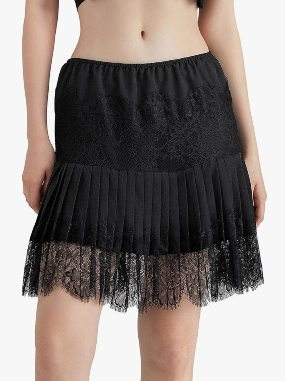 Lace Trim Pleated Mini Skirt - Black